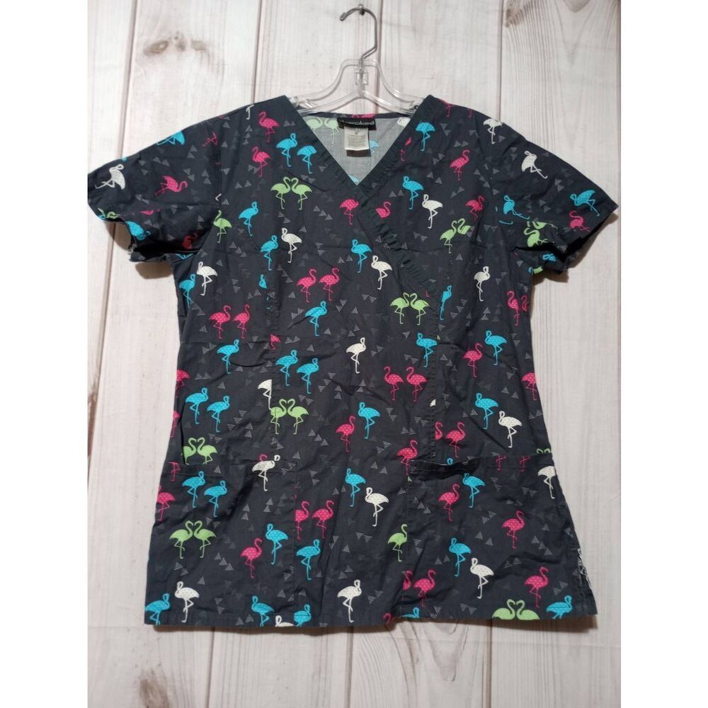 Cherokee Scrub Top Ladies‎ Medium Gray Pink Flamingo